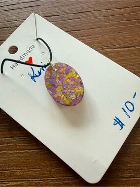 Handmade Glitter Resin Oval Pendant Necklace - Purple & Yellow